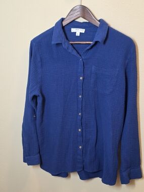 Anne Klein Navy Button-Up Shirt 100% Cotton.Minimalist Casual